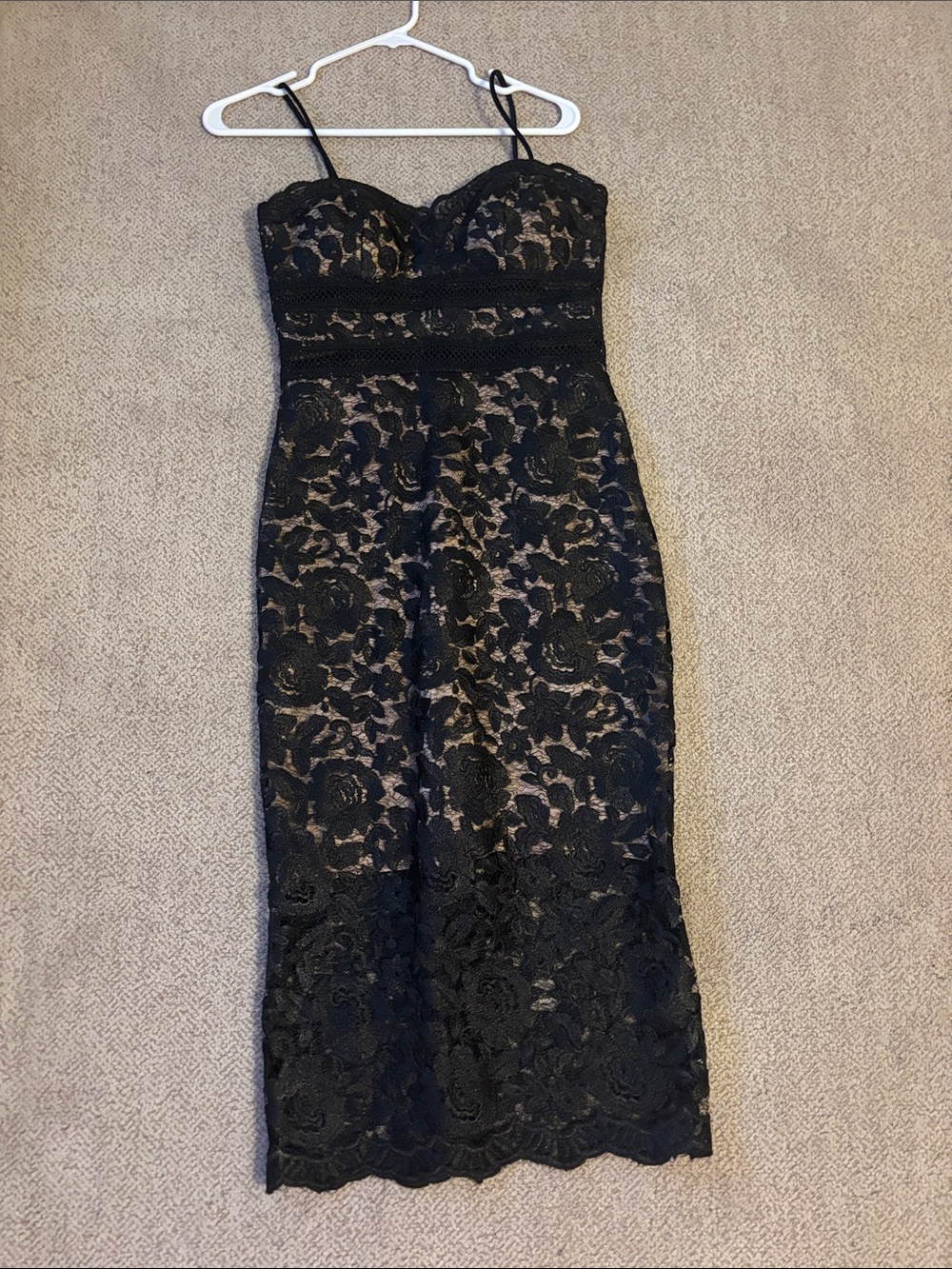Elegant Black Lace Midi Dress with Spaghetti Straps